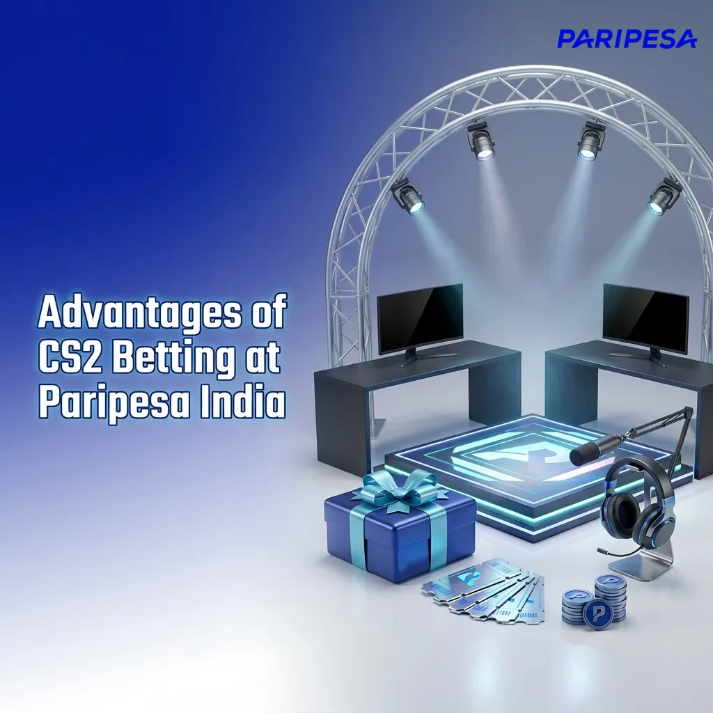Graphic titled “Advantages of CS2 Betting at Paripesa India” listing bonuses, Indian payments, 24/7 support, mobile app, CS2 odds