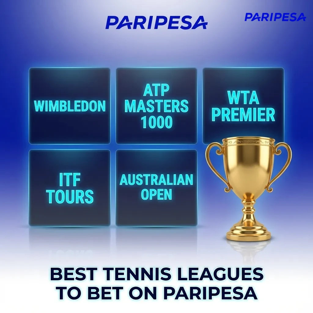 Graphic listing major tennis tournaments and tours to bet on at Paripesa, with icons for Grand Slams, ATP, WTA, and cups