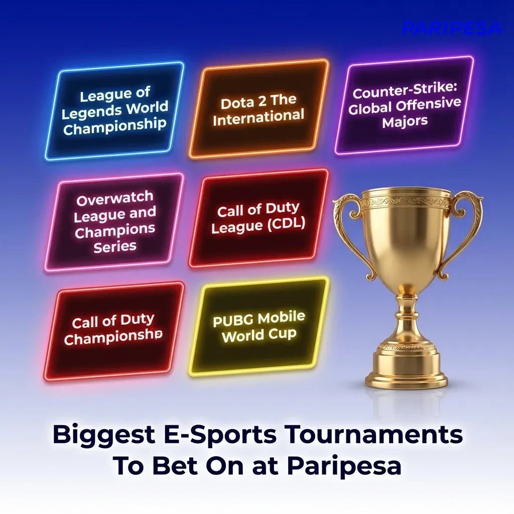 Paripesa esports betting graphic listing major tournaments for Dota 2, CS2, LoL, Valorant, SC2 and mobile titles