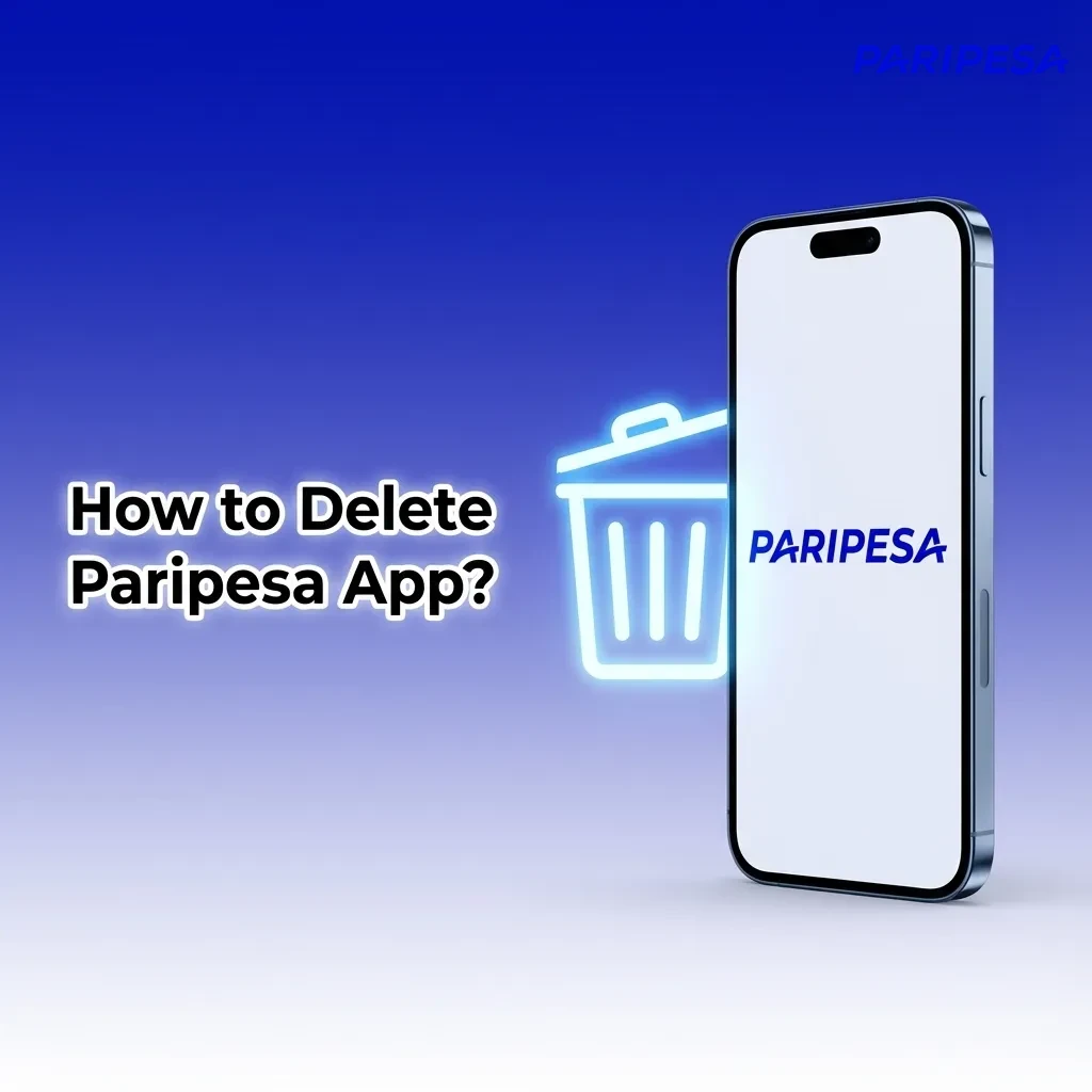 Smartphone screen showing Paripesa app icon with uninstall and delete prompts for Android and iOS removal steps.