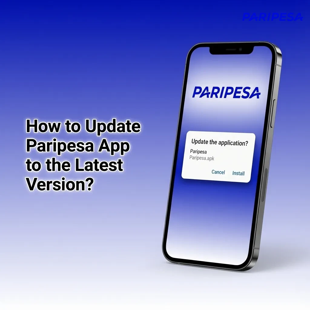 Illustration of a user updating the Paripesa app on Android and iOS, with on-screen prompts and APK download icons.