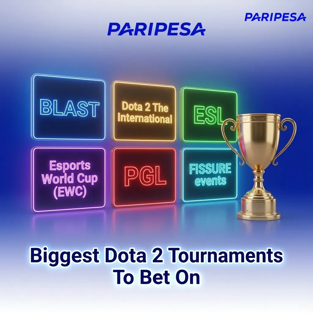 Promotional graphic listing top Dota 2 tournaments to bet on at Paripesa India, including TI, ESL, BLAST, PGL, EWC, FISSURE
