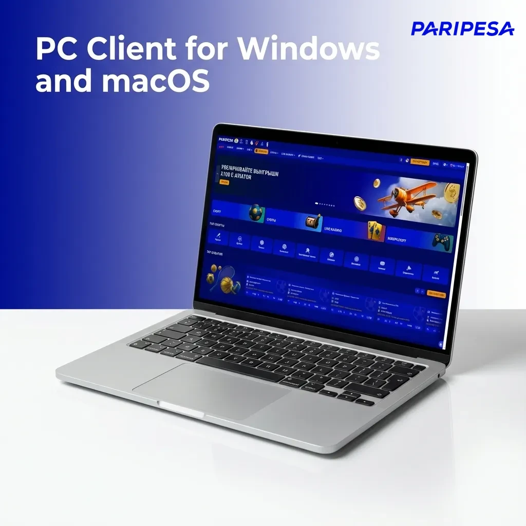 Paripesa notice stating there is no separate Windows or macOS desktop client; use the website in a PC or laptop browser instead