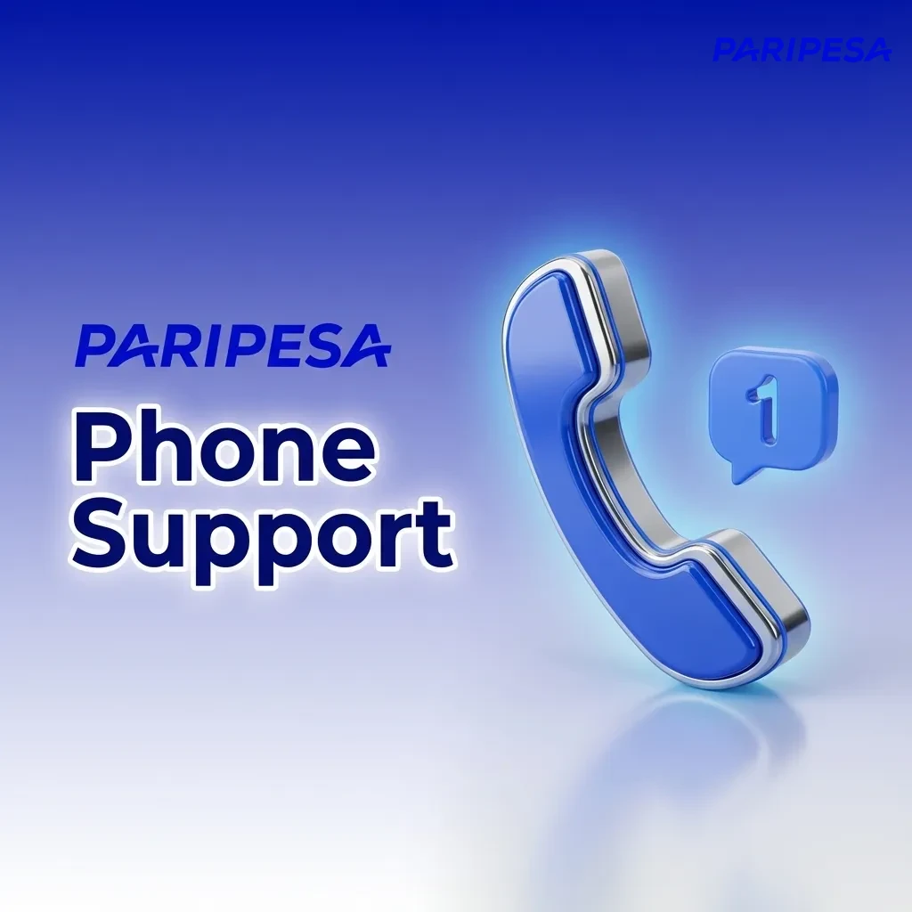 Illustration of a user calling Paripesa phone support, holding a smartphone with a headset icon and helpline number on screen
