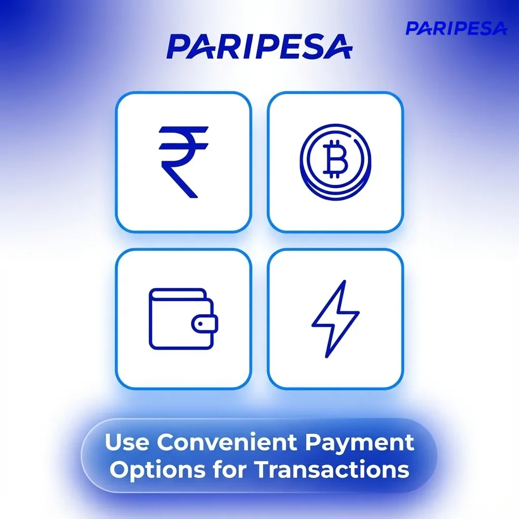 Paripesa payment screen showing UPI, Paytm, bank cards, e‑wallets, and crypto icons with secure transaction symbols
