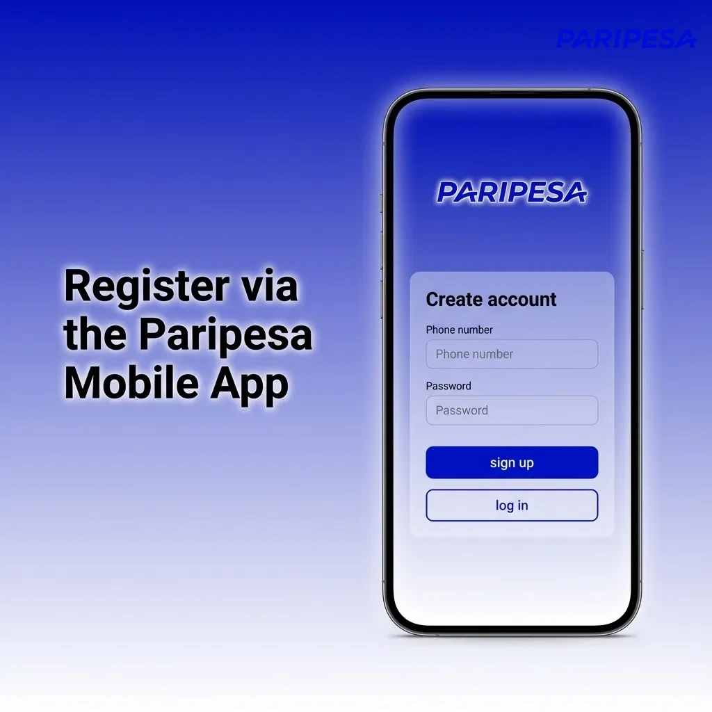 Smartphone showing Paripesa app registration screen with step-by-step sign-up options highlighted