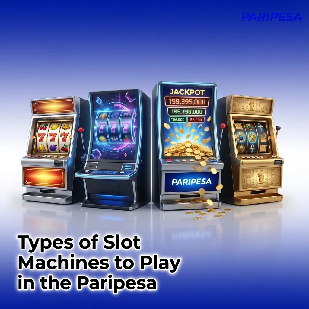 Collage of Paripesa slot types: classic 3-reel, 5-reel video, Megaways, jackpot, cluster, bonus buy, and crash games