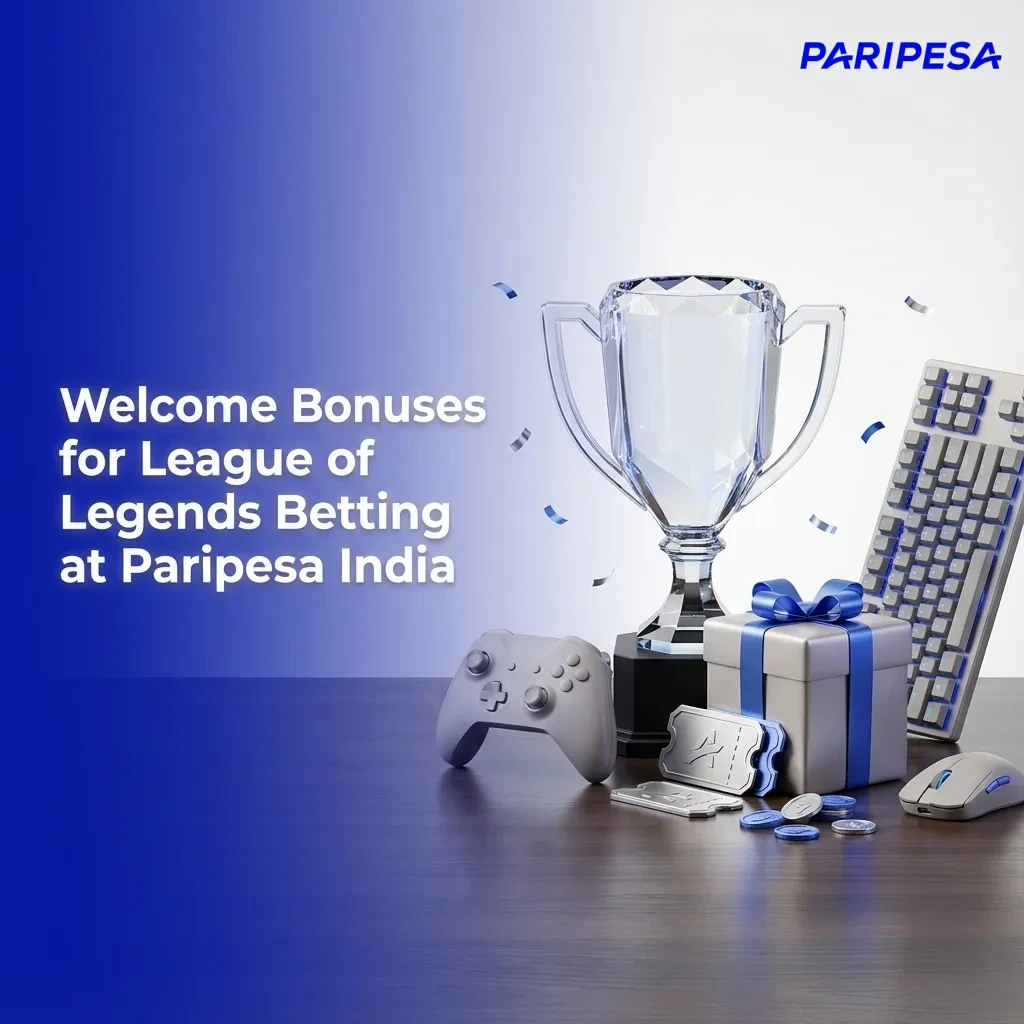 Banner: “100% Welcome Bonus” for new Paripesa India users betting on League of Legends, with LoL-themed graphics.