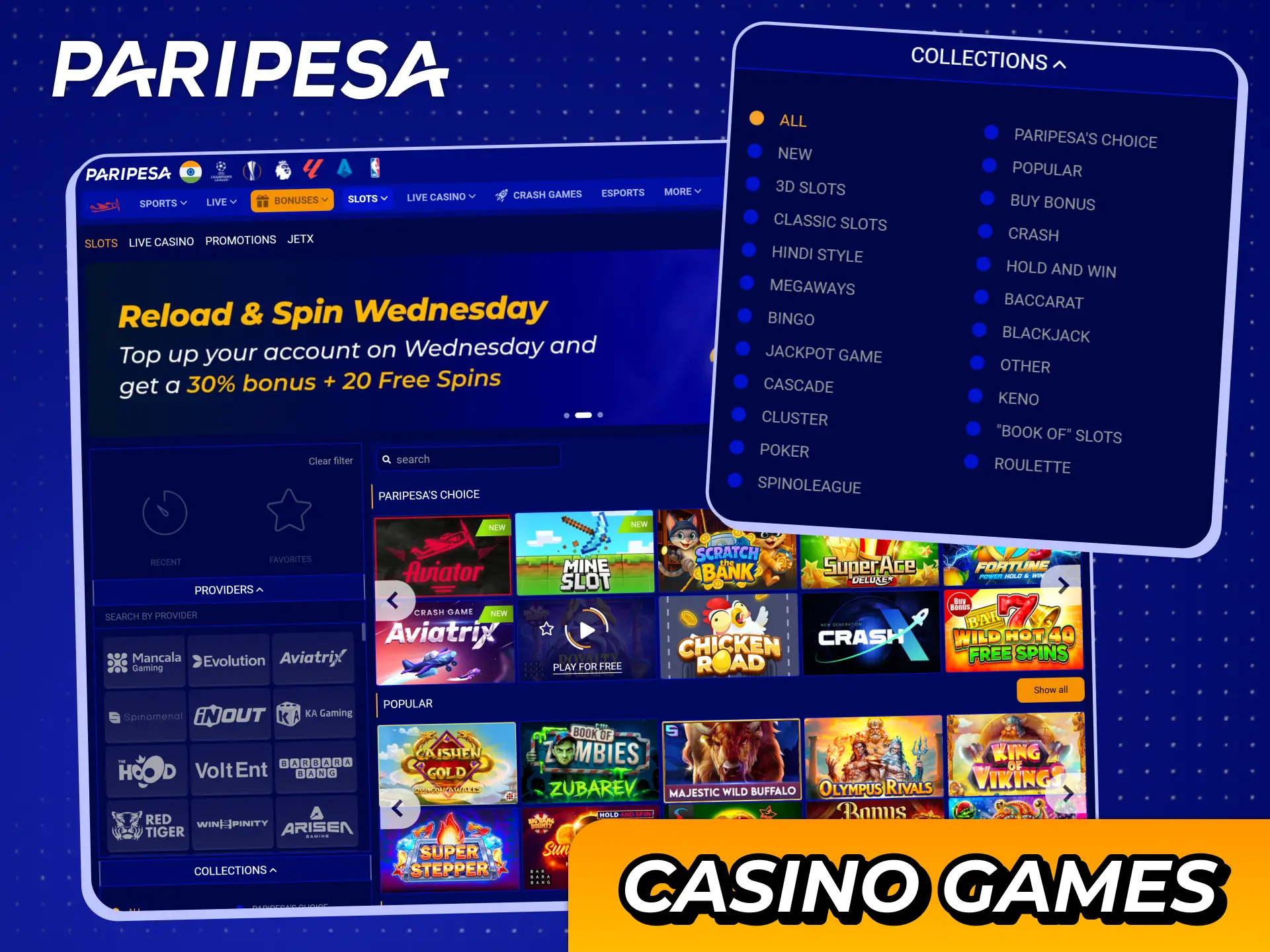 Play different slots and other casino and live casino games at Paripesa.