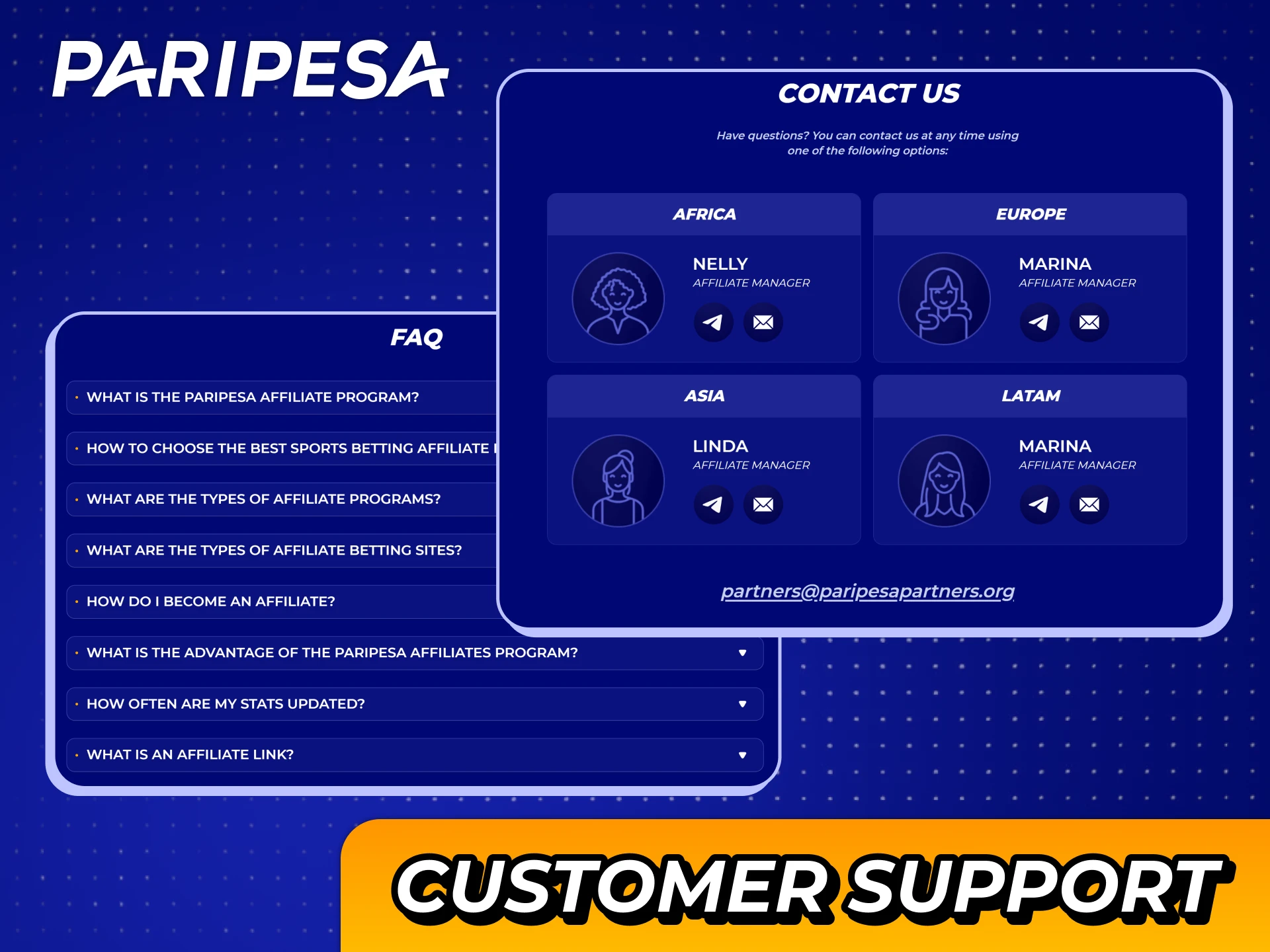 Contact Paripesa affiliate program customer support agents to help you with any problems you face.
