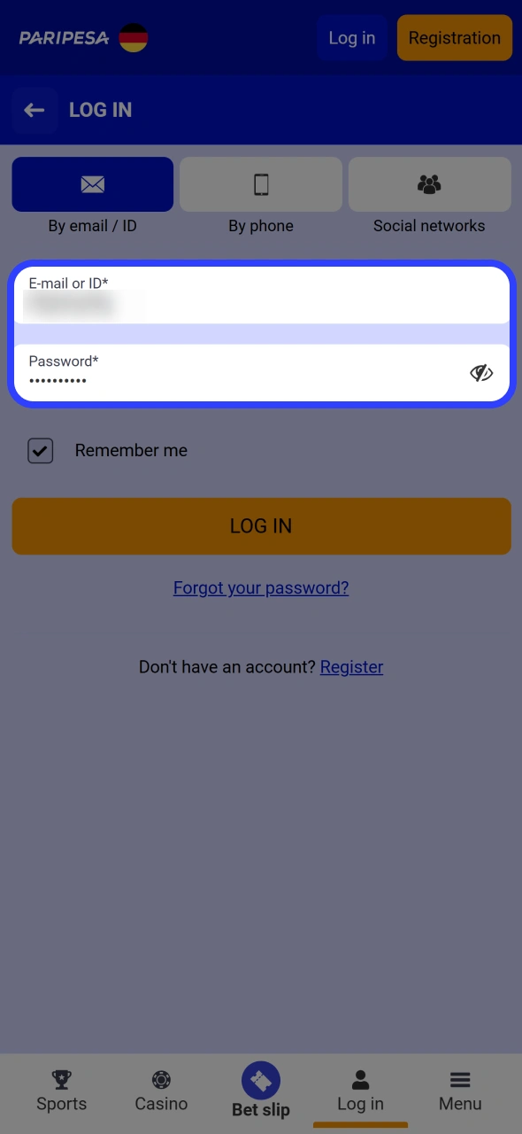 Enter your account details carefully at Paripesa app login form.