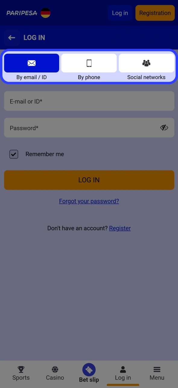 Choose any login method suits you at Paripesa android app.