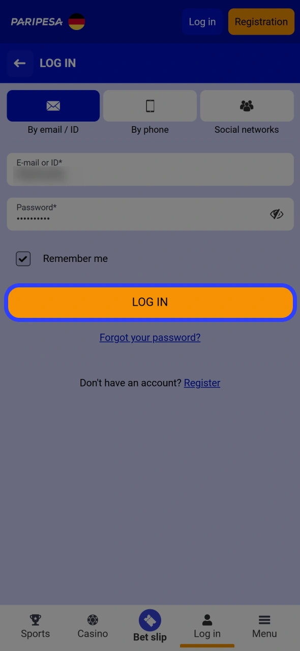 Click on login button to access your Paripesa account at the app.