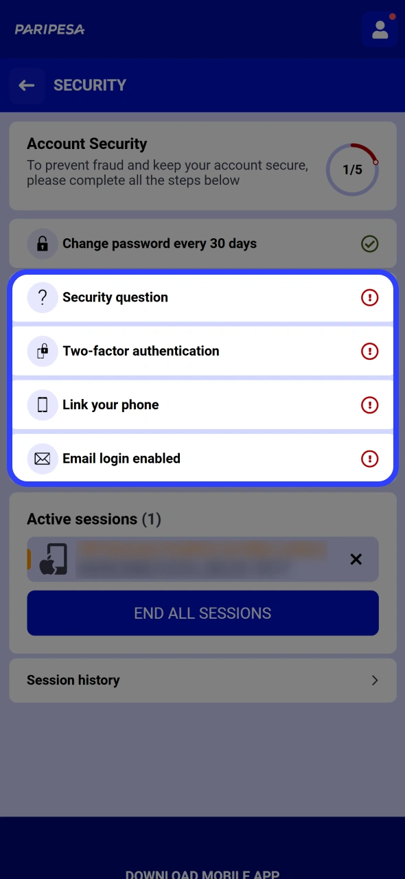 Adjust Paripesa app settings to secure your account.