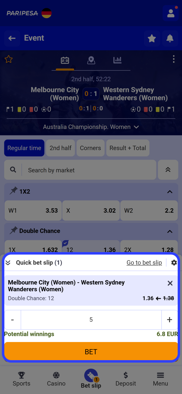 Enter stake and confirm your bet at Paripesa android app.