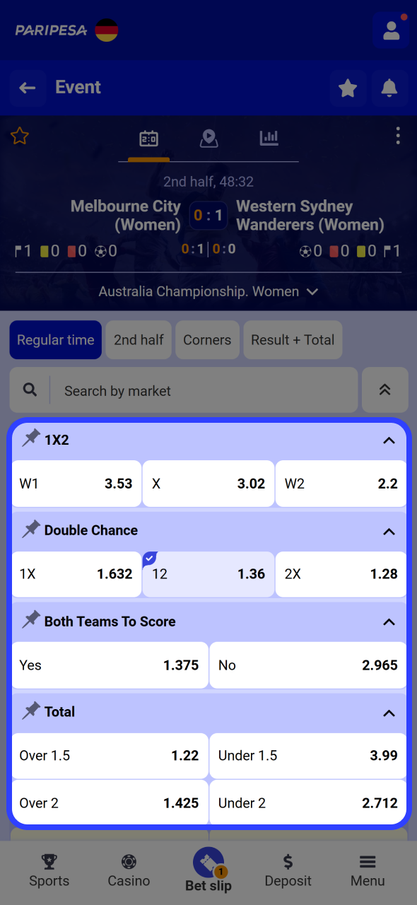 Select markets you want to place bet on at Paripesa android app.