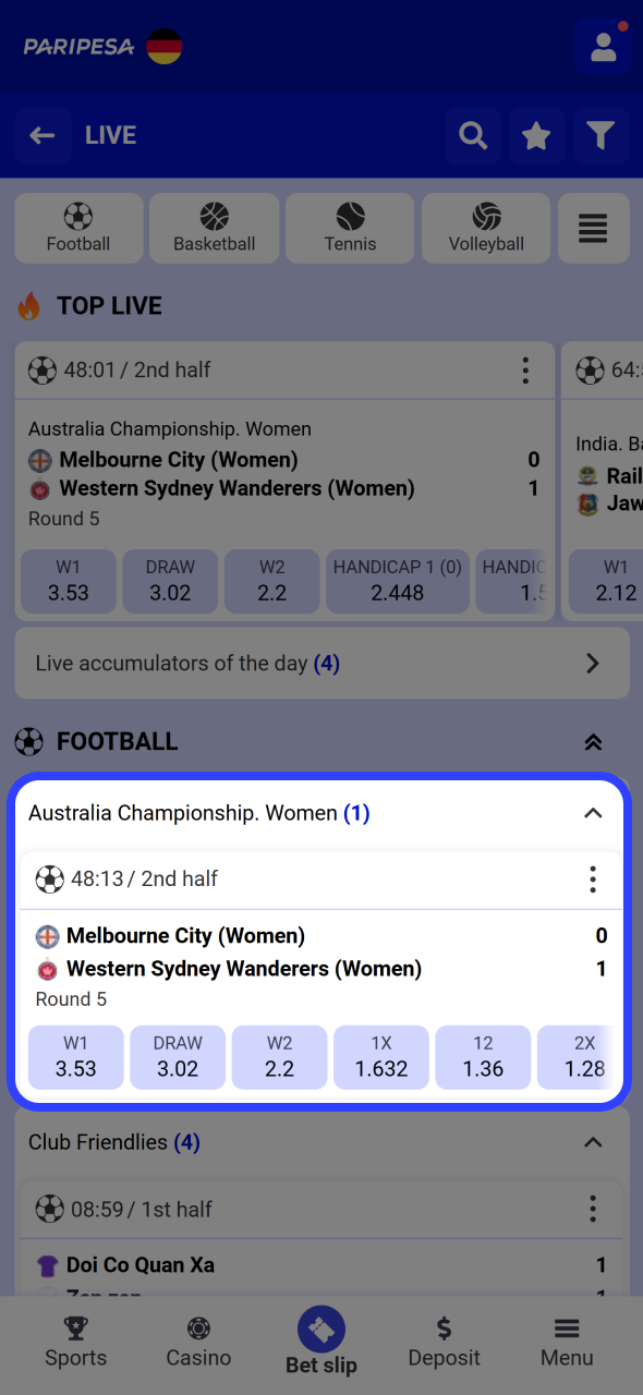 Open sports section and select match at Paripesa android app.
