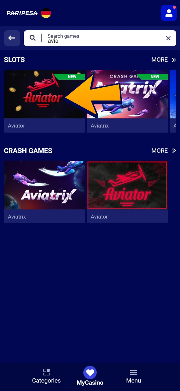 Search for Aviator game at Paripesa casino and start winning big.