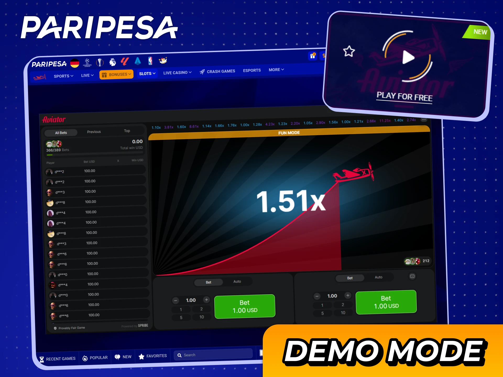 Try out Aviator game in demo mode at Paripesa casino.