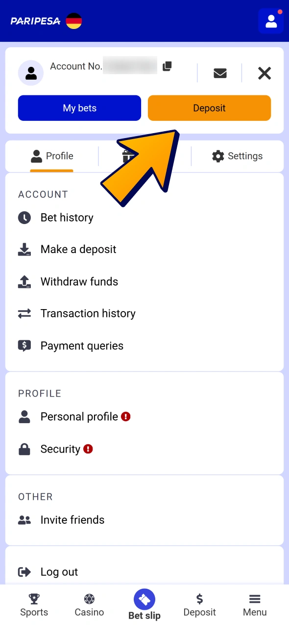 Click on deposit button at your Paripesa account.