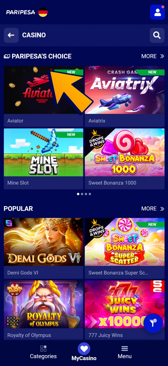 Look up for Aviator game at Paripesa casino section.