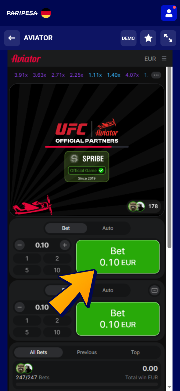 Open the game and start playing Aviator at Paripesa casino.