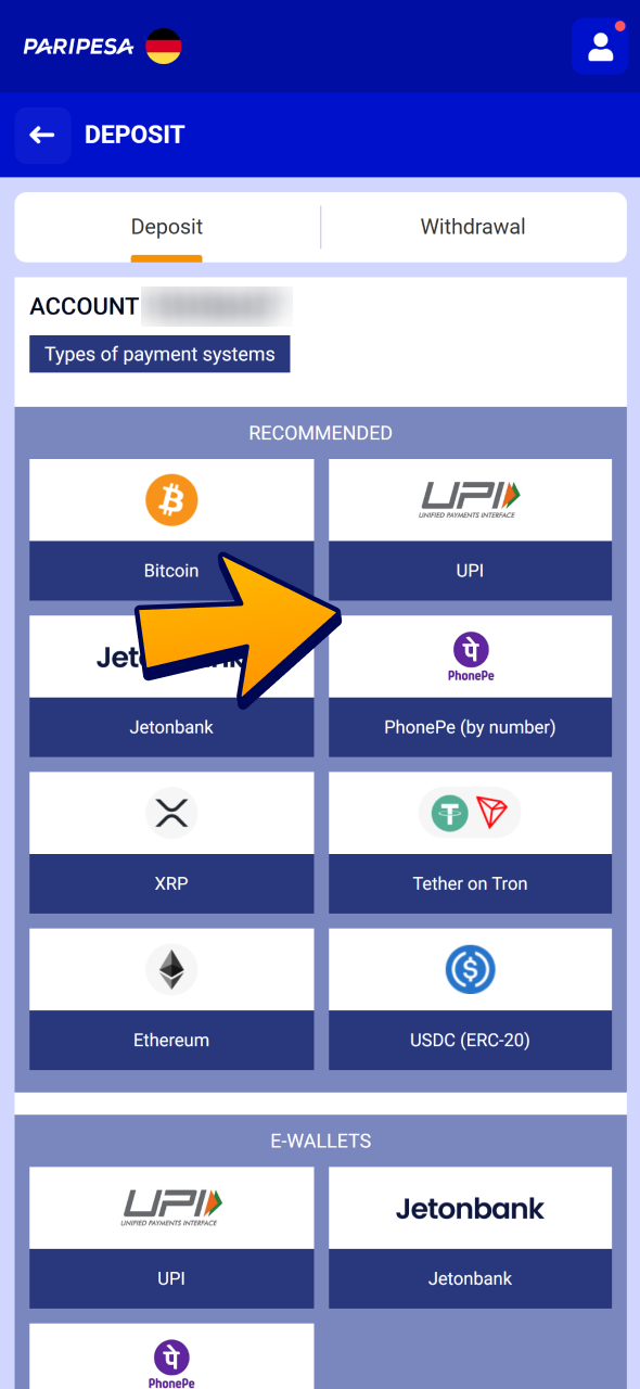 Top up your account for Aviator game at Paripesa iOS app.