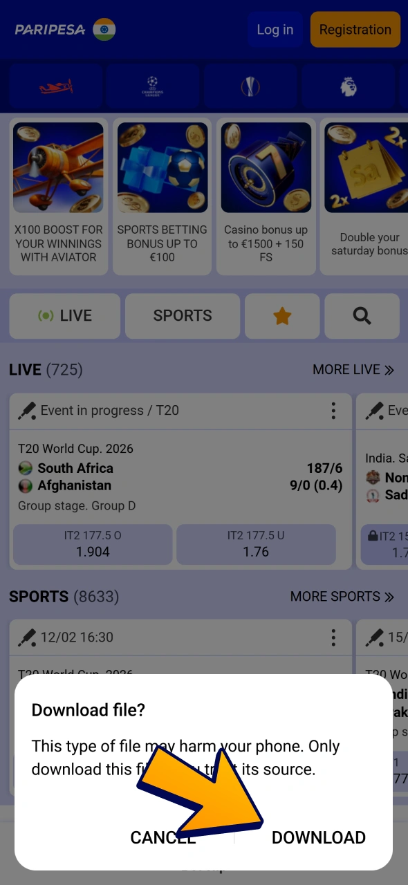 Click download to get Paripesa app for basketball betting.