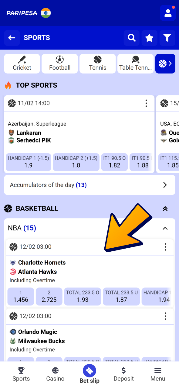 Login and visit basketball section to start betting at Paripesa.