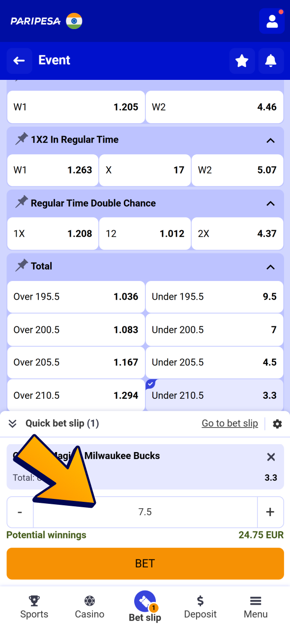 Enter basketball bet amount and confirm it at Paripesa sports.