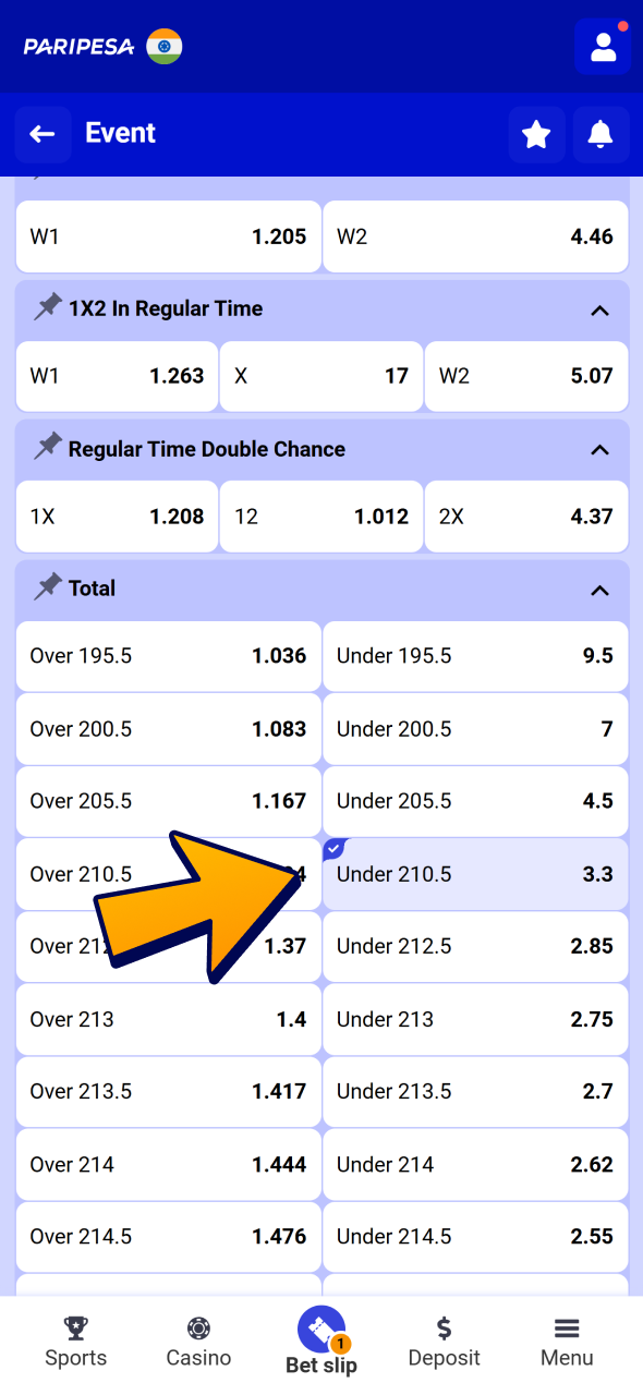 Select a market and tap on odd to place a basketball bet at Paripesa.