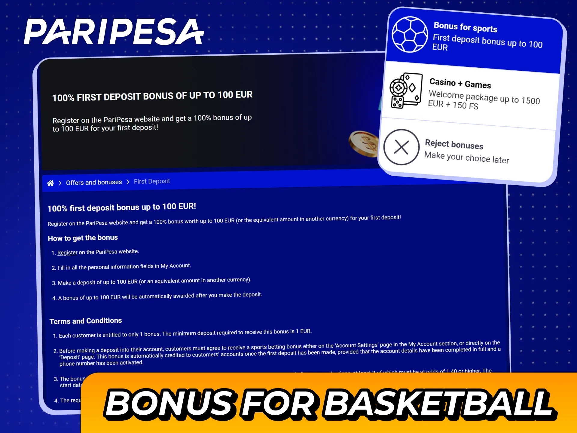 Get more money for your first basketball bet with welcome bonus from Paripesa.