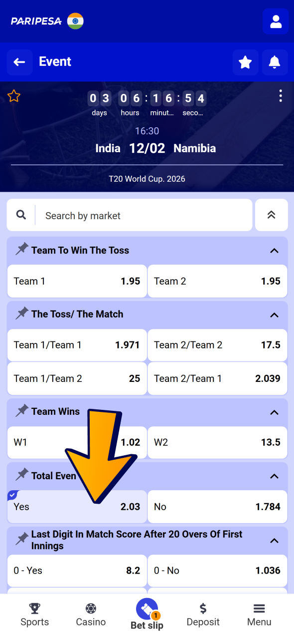 Click in coefficient to choose market and set bet at Paripesa.
