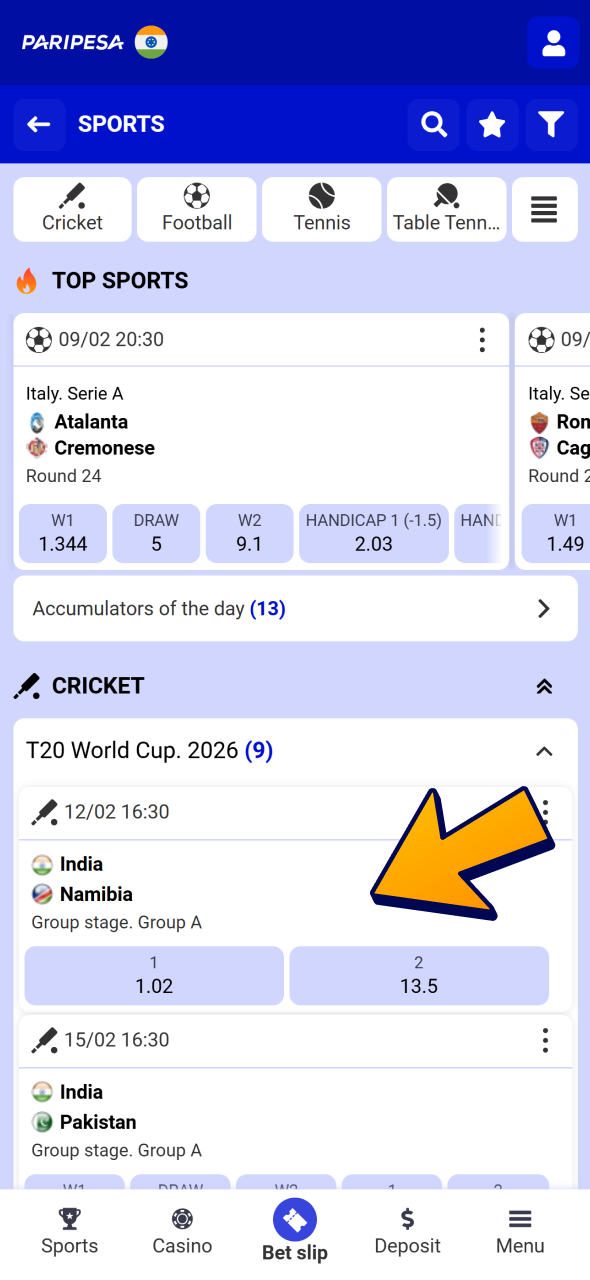 Select sport and tournament you want to place bet on at Paripesa sports.
