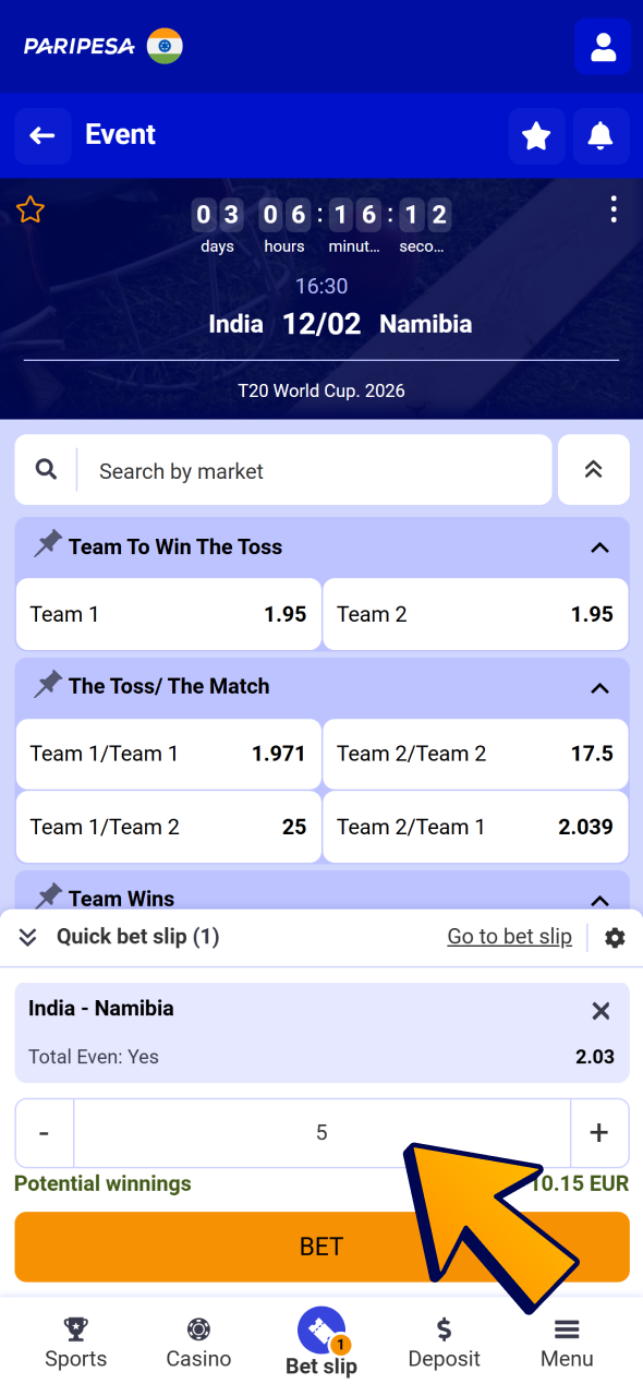 Set bet amount and press bet at official Paripesa website.