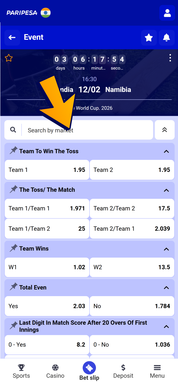 Select your market at chosen tounament at Paripesa.