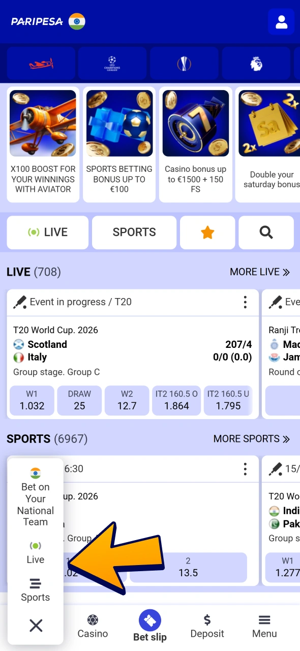 Open sports section at the bottom menu of Paripesa website.