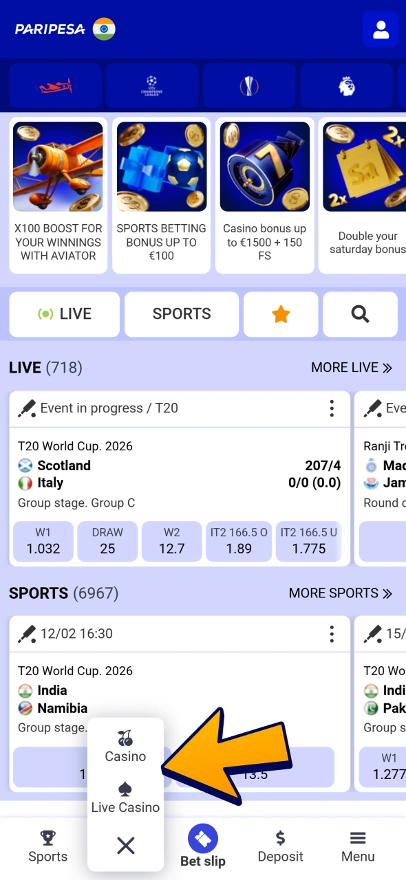 Choose casino or live casino at the Paripesa bottom menu.