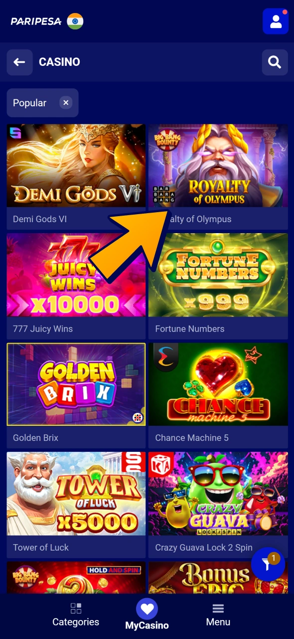 Choose game from popular section or search for game you want to play at Paripesa casino.