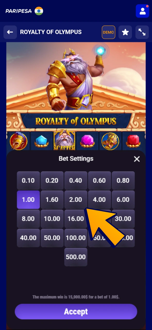 Set up your bet amount and start playing game at Paripesa casino.