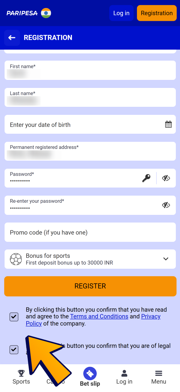 Read Paripesa terms and check all provided checkboxes.