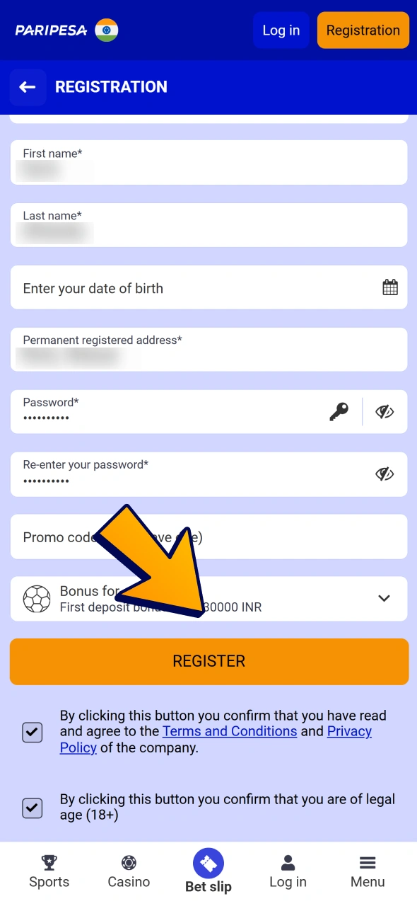 Press register button and confirm your phone number at your new Paripesa account.