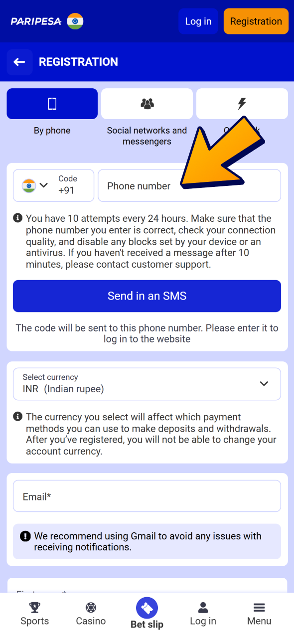 Choose registration method and fill Paripesa registration form.