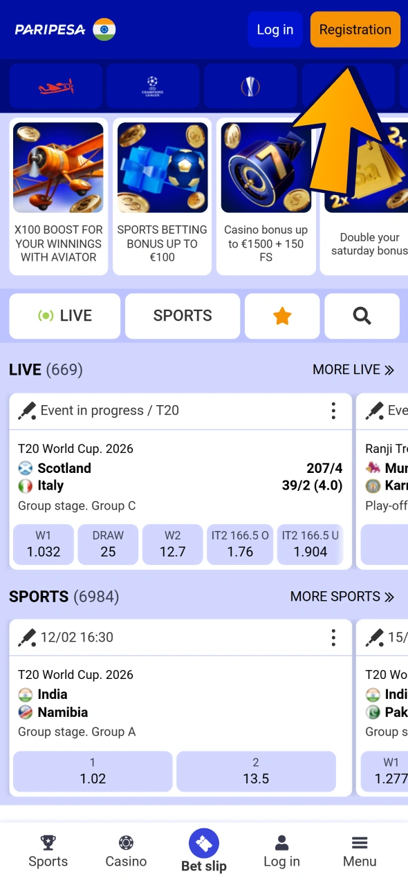 Click on registration button on Paripesa main page.