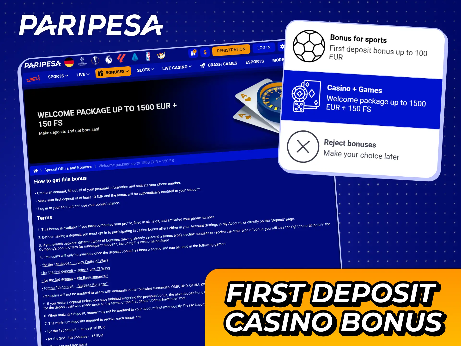 Get your first casino bonus for deposit at Paripesa account registration.