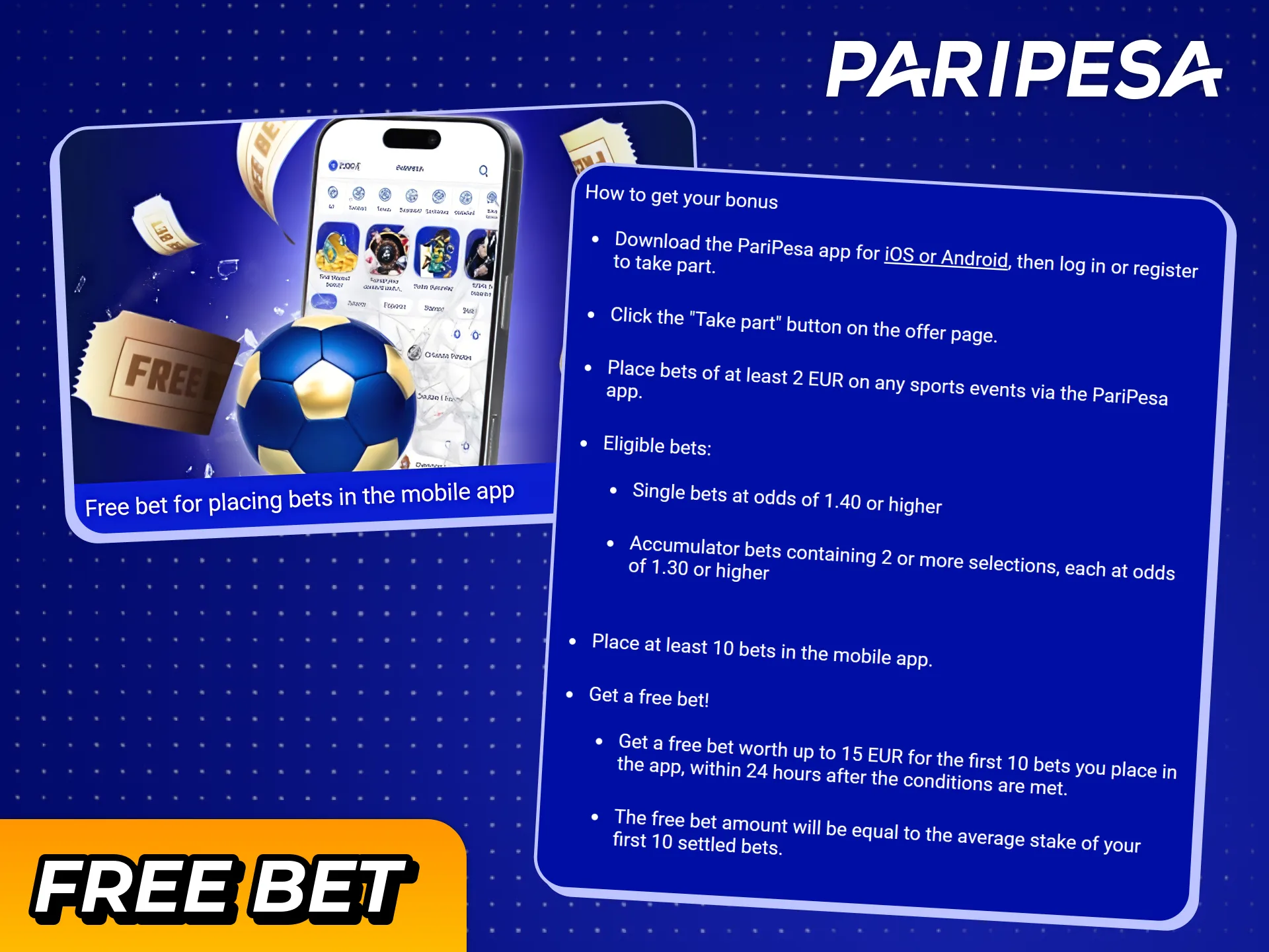 Make free bets with Paripesa sports bonuses.