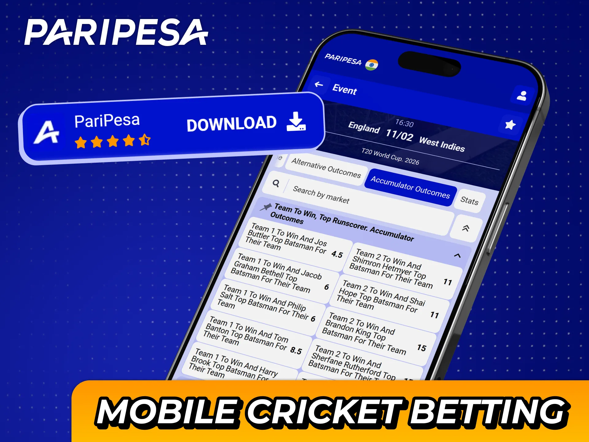 Get Paripesa mobile app and bet on cricket on go.