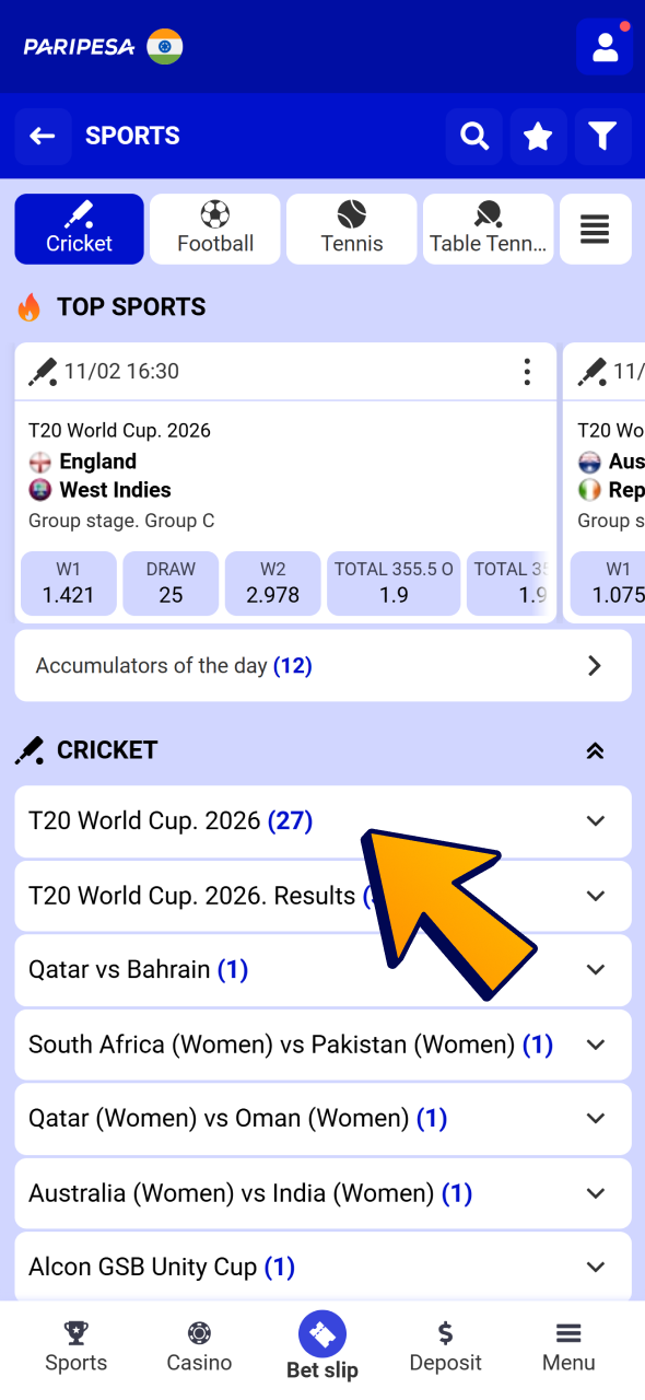 Open Paripesa sport page and select cricket match.