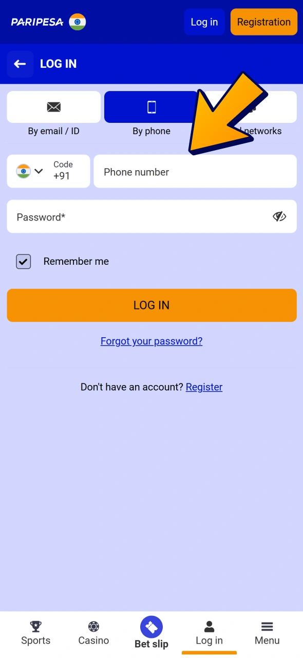 Log in with data you created account at Paripesa.