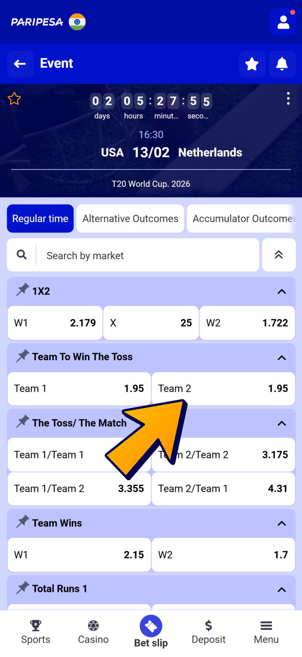Click on market and enter stake to place a cricket bet at Paripesa.